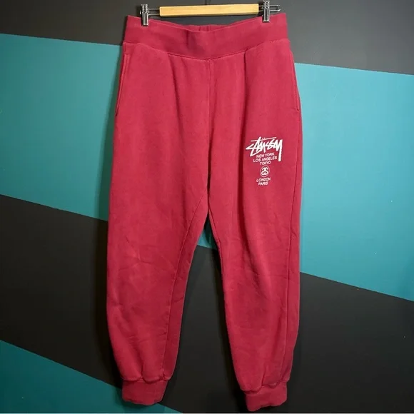 Stussy Men's Burgundy-Red World Tour Joggers Cotton - Picture 4 of 11